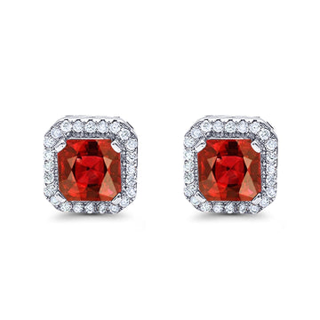 Halo Stud Earrings Wedding Princess Cut Simulated Garnet CZ Solid 925 Sterling Silver